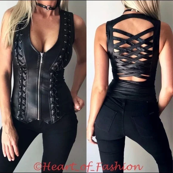 SEXY Faux Leather Zip Front Lace Up Strappy Fitted Halter Vest Black - Picture 1 of 4